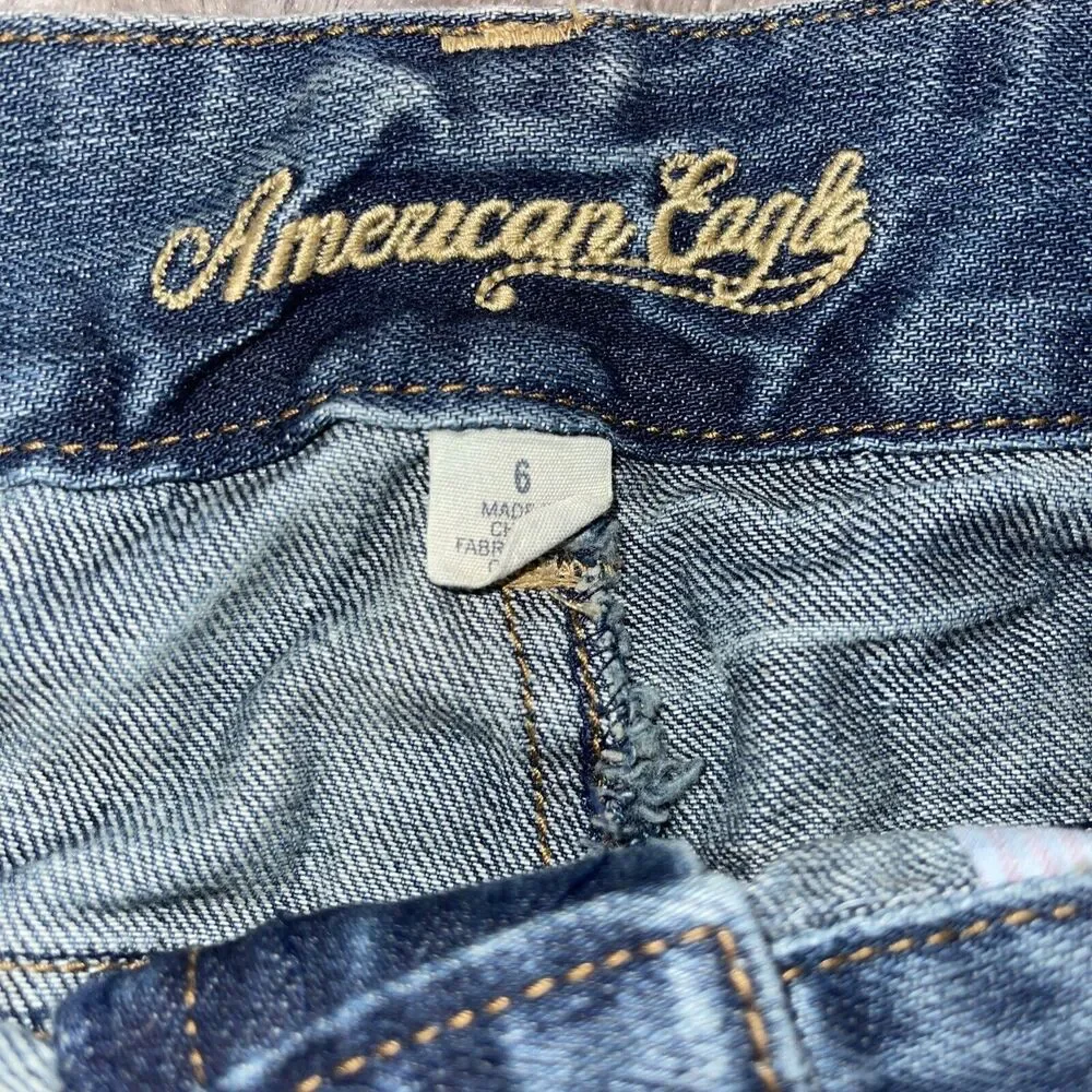 American Eagle Hi-Rise Mini Skirt Denim Distressed Size 6 Raw Hem Length 17”